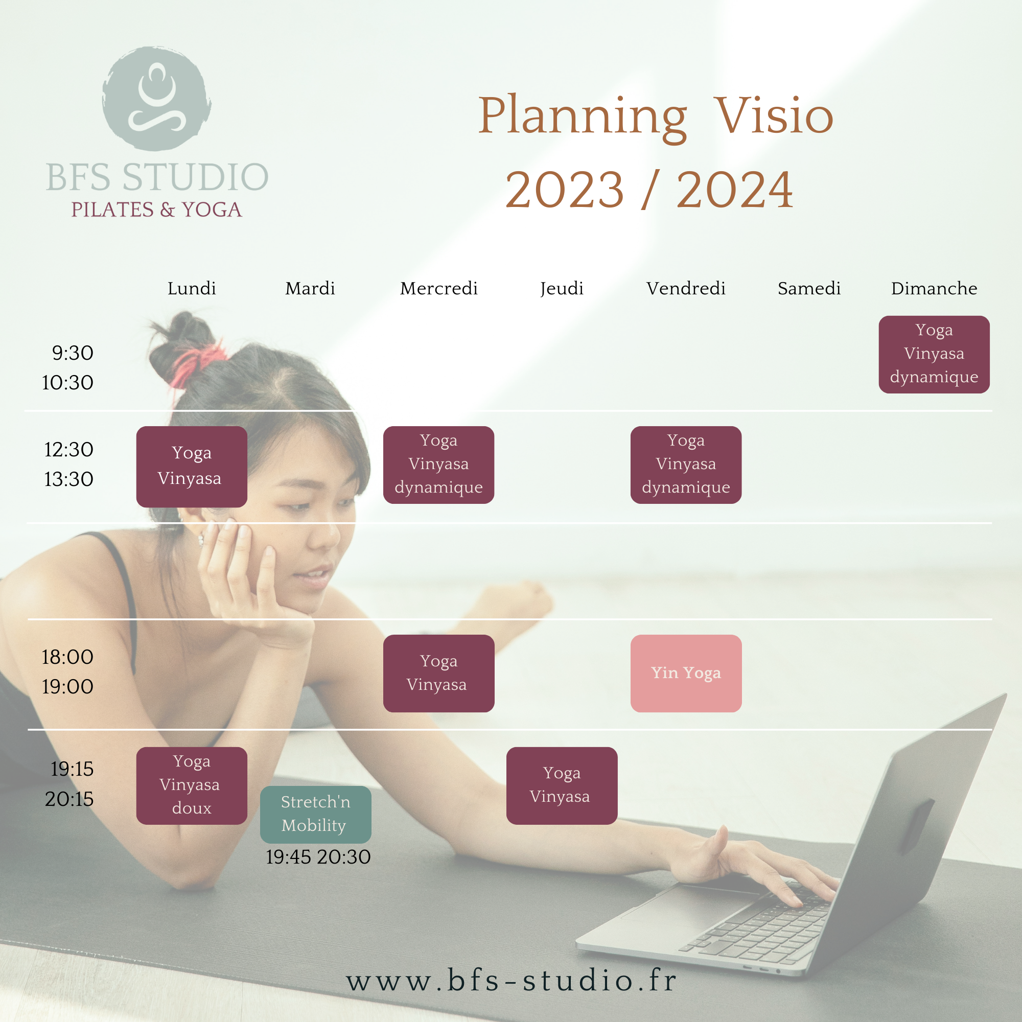 Planning des cours en visio du studio BFS - retrouvez le planning 2023/2024 de YOGA ET DE PILATES en visio