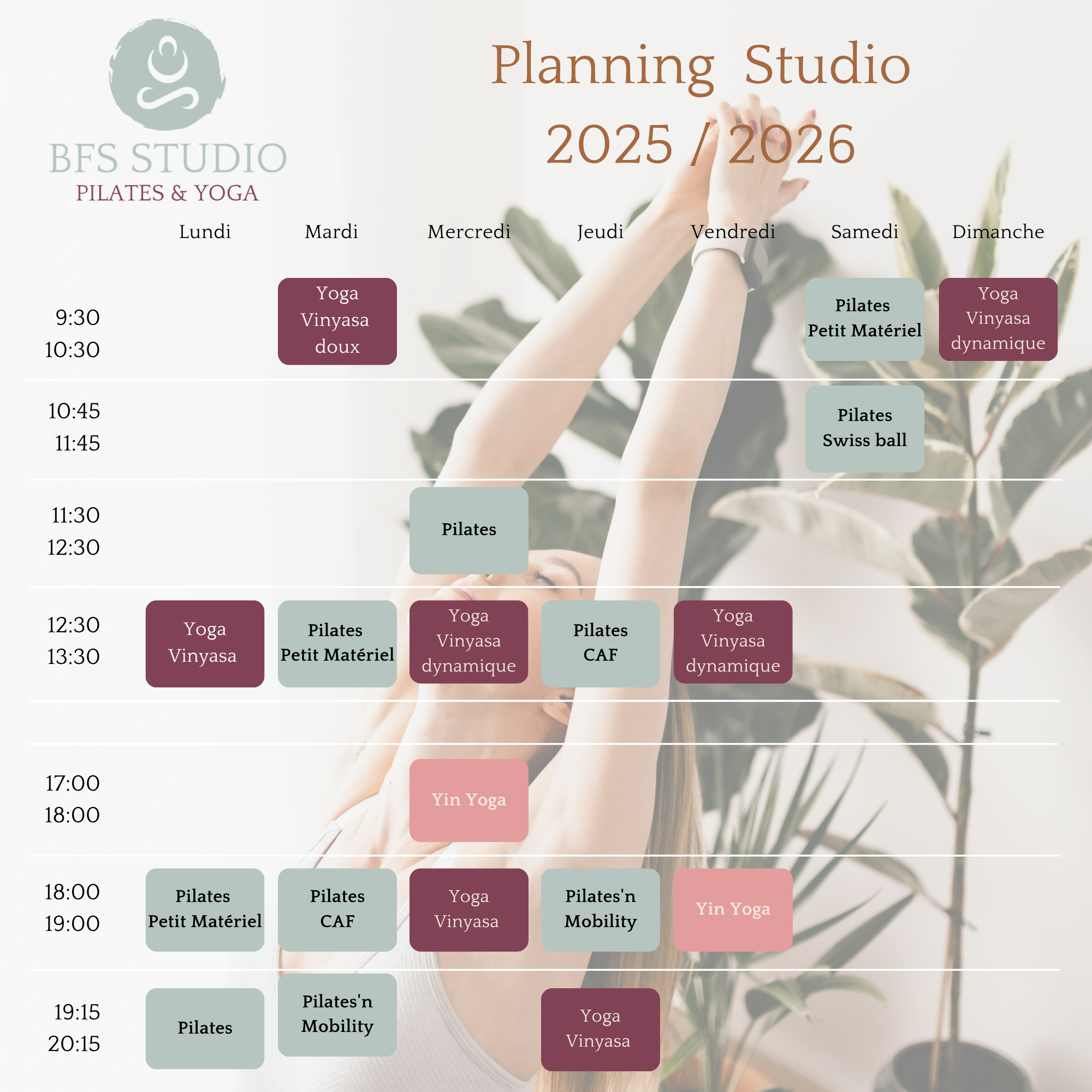 Planning Yoga Pilates Planning du studio BFS - retrouvez le planning 2023/2024 de YOGA ET DE PILATES