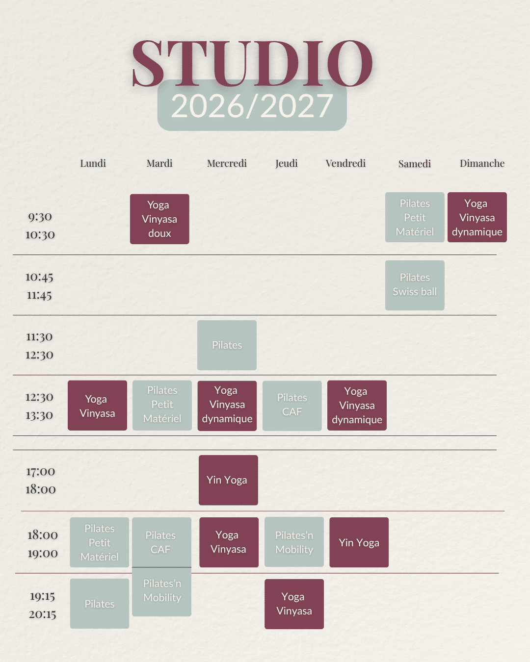 Planning à l'année des cours en studio chez BFS Studio, cliquez pour agrandir