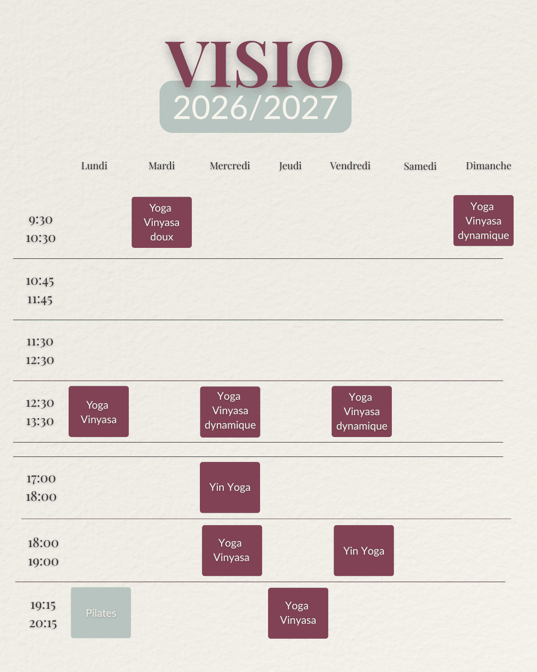 Planning à l'année des cours en visio chez BFS Studio, cliquez pour agrandir